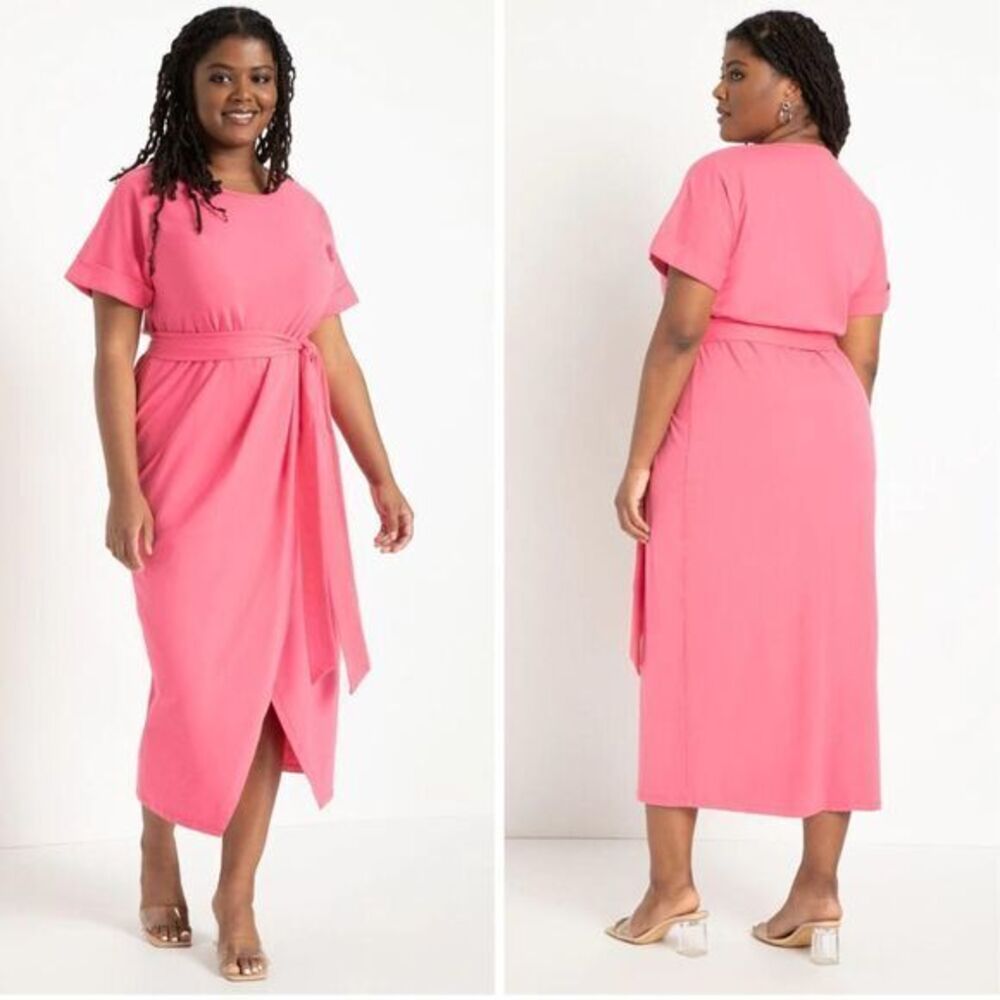 NEW Eloquii‎ barbie hot pink cotton knit Wrap Skirt tie waist midi Dress, 14